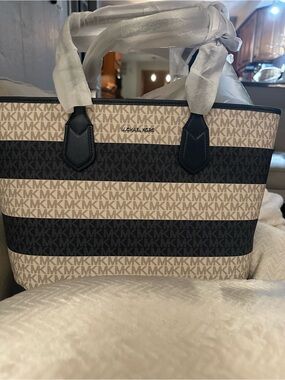 Michael Kors blue & Beige Striped MK Logo Tote